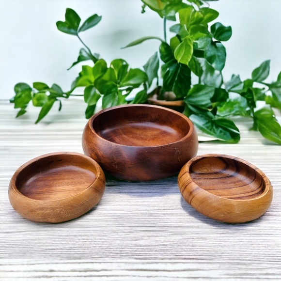 Other - Mid-Century Solid Teak Wood Bowls Set 1960s Natural Tiki